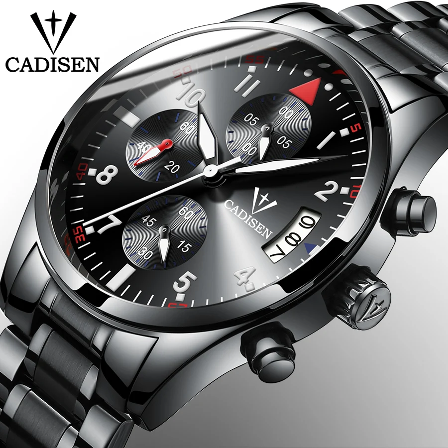 

CADISEN New Pilot Mens Chronograph Wrist Watch Waterproof Date Top Luxury Brand Stainless Steel Diver Males Geneva Quartz Clock