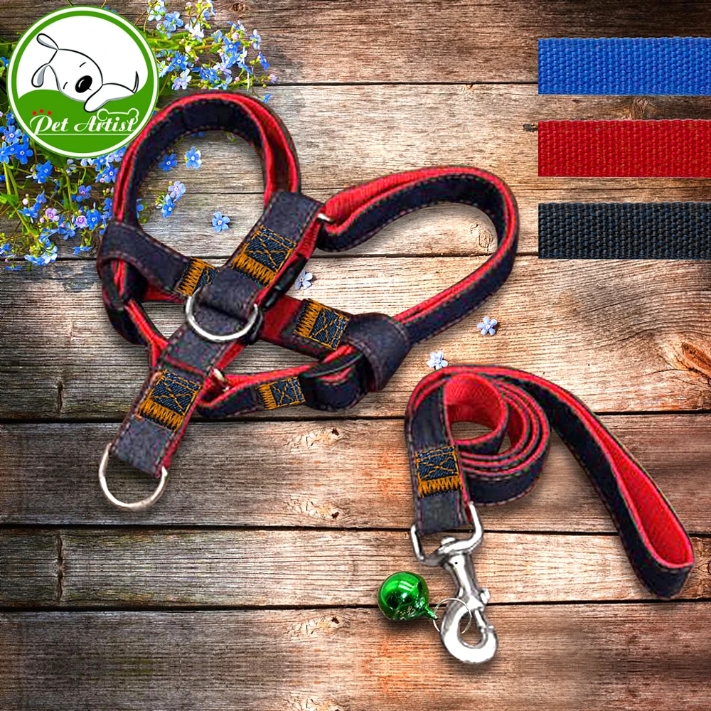 Image Adjustable No Pull Denim Dog Leash Collar for Training Walking Running Rescue Harness For Small Medium Large Dog