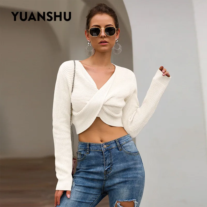 YUANSHU Autumn Knitted Pullover Sweater Women V Neck Long Sleeve Solid Crop Tops Ladies Fashion Sexy Cross Short Sweaters
YUANSHU Autumn Knitted Pullover Sweater Women V Neck Long Sleeve Solid Crop Tops Ladies Fashion Sexy Cross Short Sweaters