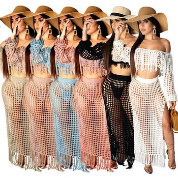 Wantmove women sexy hollow out tassel one neck long sleeve top hip skirt plus size 2019 new summer beach two piece set WM829
Wantmove women sexy hollow out tassel one neck long sleeve top hip skirt plus size 2019 new summer beach two piece set WM829