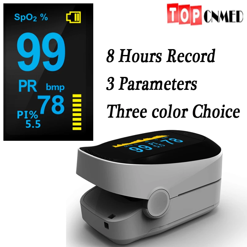 Topcnmed 3 color OLED Fingertip Pulse Oximeter pulsioximetro SPO2 PR PI% 8 Hours Data Recorder Analysis Beep Alarm Function
Topcnmed 3 color OLED Fingertip Pulse Oximeter pulsioximetro SPO2 PR PI% 8 Hours Data Recorder Analysis Beep Alarm Function