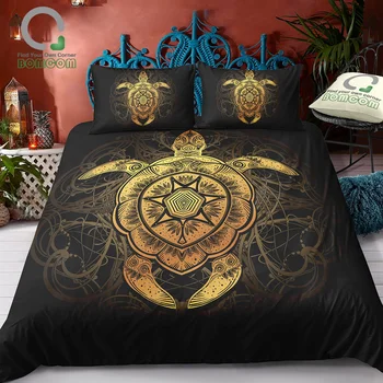 

BOMCOM 3D Digital Printing Hand Drawn Gold Ornate Turtle in Tattoo Style Mandala Background Bedding Set 100% Microfiber