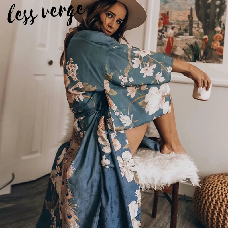 Lessverge Peafowls flroal print japanese kimono dress Women split bandage blue kimono cardigan Elegant autumn long blouse shirt 
Lessverge Peafowls flroal print japanese kimono dress Women split bandage blue kimono cardigan Elegant autumn long blouse shirt