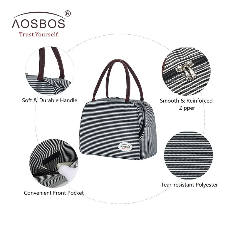 Aosbos полосатая изолированная сумка для ланча портативная парусиновая Термосумка