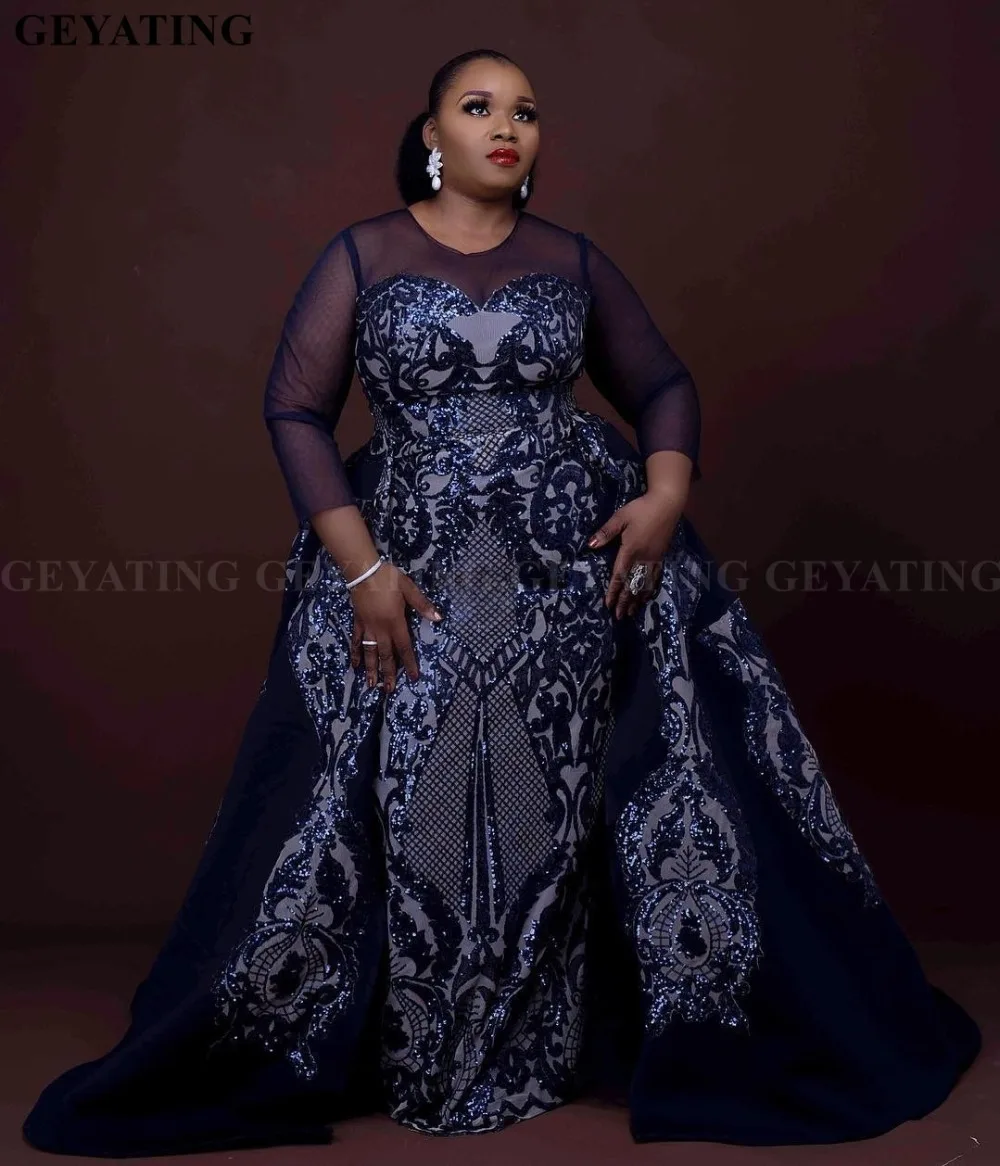 Sparkly Sequin Navy Blue African Evening Dress with Detachable Train Long Sleeves Elegant Women Formal Prom Dresses Plus Size
Sparkly Sequin Navy Blue African Evening Dress with Detachable Train Long Sleeves Elegant Women Formal Prom Dresses Plus Size