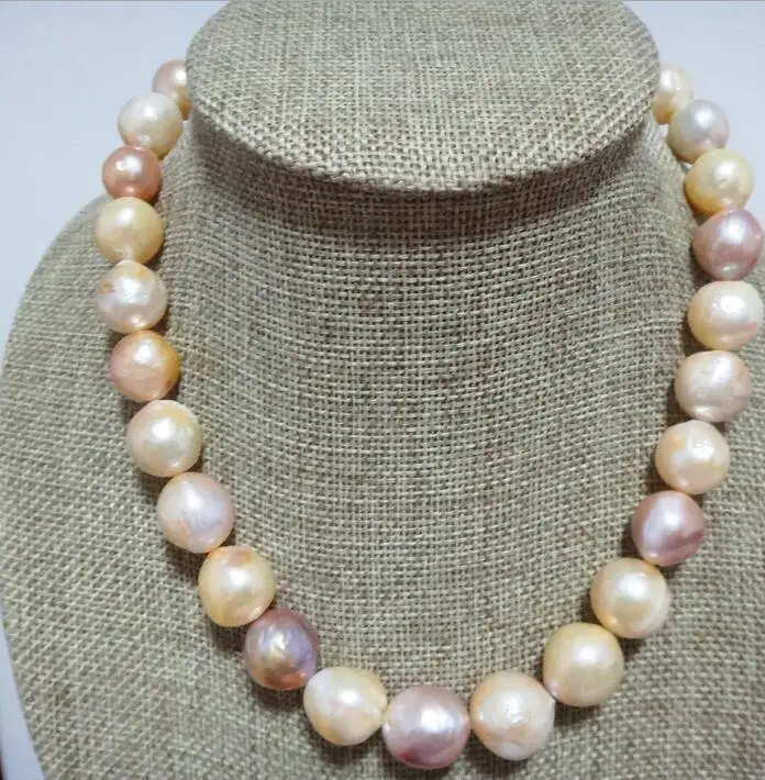 huge 18"11.5-14mm freshwater genuine gold pink purple nuclear pearl necklace 925silver 
huge 18"11.5-14mm freshwater genuine gold pink purple nuclear pearl necklace 925silver