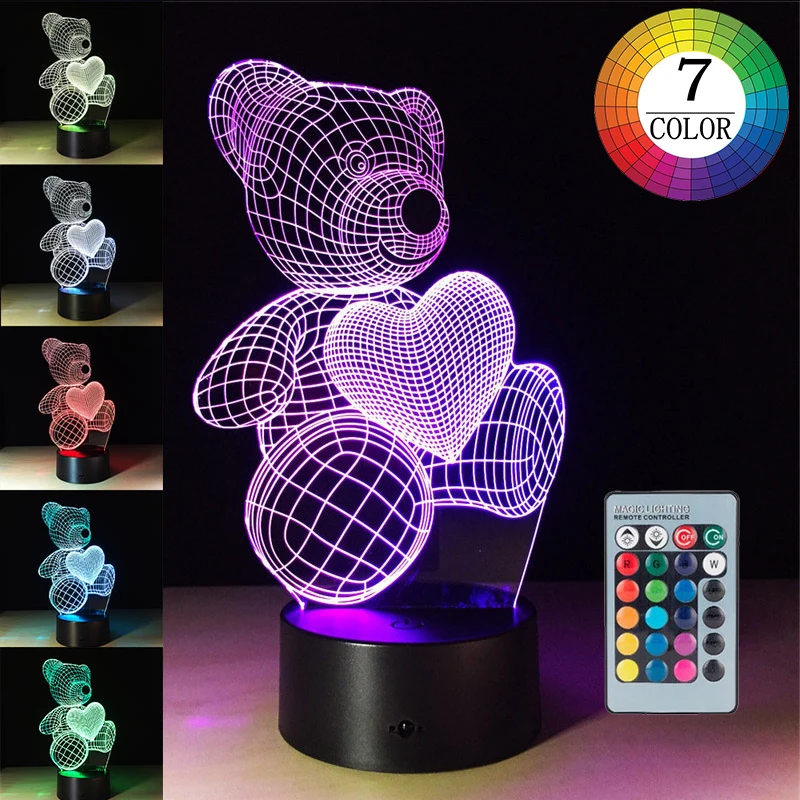 Love Heart Teddy Bear Night Lights For Kids 7 Colors Change 3D Bear Kids Feel Safe at Night Gift for Valentine Home Decoration
Love Heart Teddy Bear Night Lights For Kids 7 Colors Change 3D Bear Kids Feel Safe at Night Gift for Valentine Home Decoration