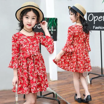 Girl's 3/4 Sleeve Flowers Print O-neck Bowtie Decor Casual Chiffon Dresses Big Girl Knee length Summer Dresses 
Girl's 3/4 Sleeve Flowers Print O-neck Bowtie Decor Casual Chiffon Dresses Big Girl Knee length Summer Dresses