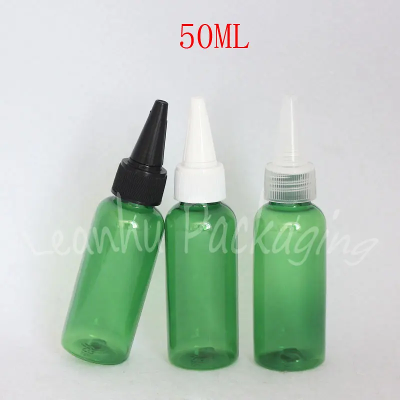 Зеленая пластиковая бутылка объемом 50 мл с заостренным горлышком пустой