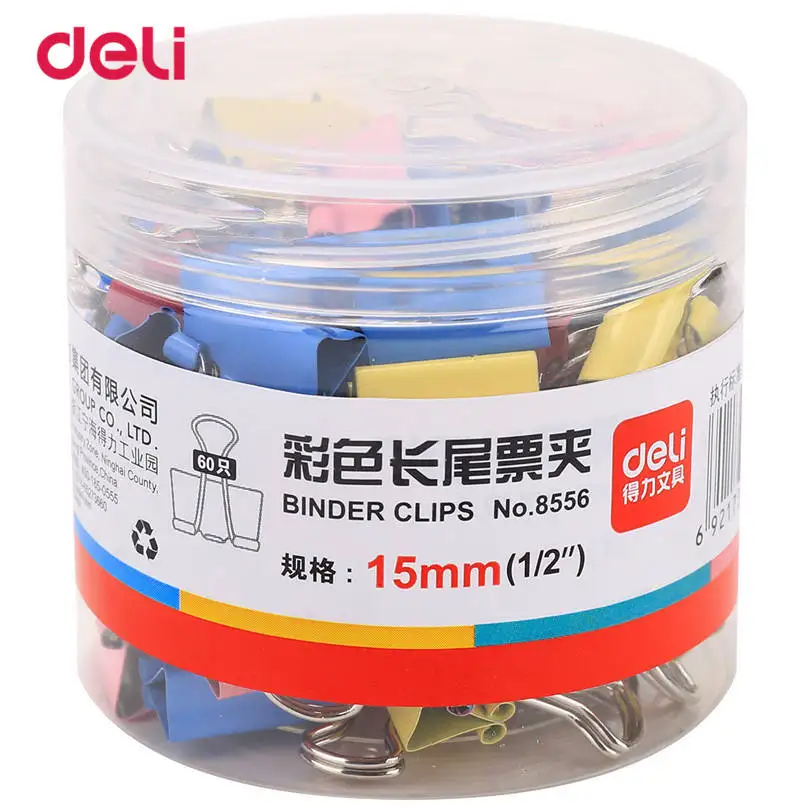 Deli Paper Clip Metal Office Accessories Binder Clips 60pcs A barrel 15mm School Supplies Colorful Long 8556 | Канцтовары для офиса