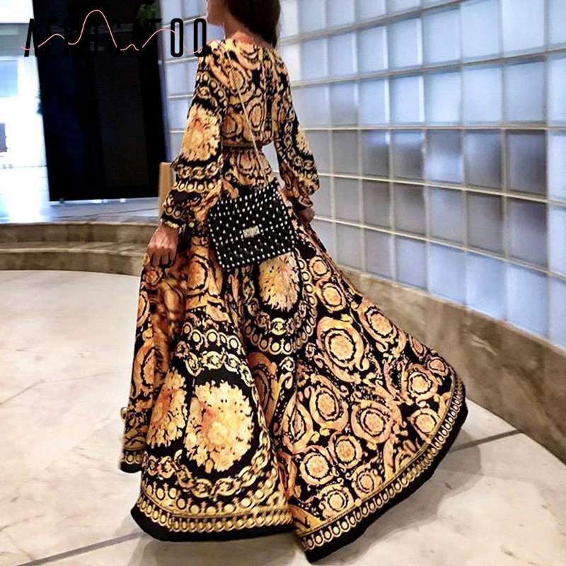 Affogatoo Vintage print gold summer long dress 2019 Elegant long sleeve women dress V neck loose sexy party dress robe femme
Affogatoo Vintage print gold summer long dress 2019 Elegant long sleeve women dress V neck loose sexy party dress robe femme