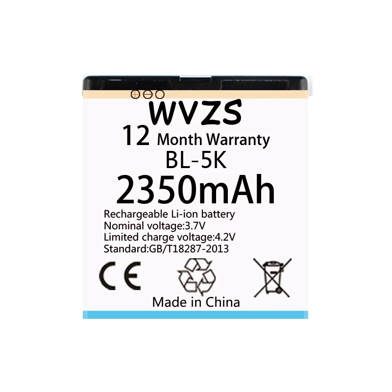 Wvzs 2350 мА/ч Батарея BL-5K для Nokia N85 N86 N87 8MP 701X7X7 00 C7 C7-00S Oro X7-00 2610 S T7 Перезаряжаемые