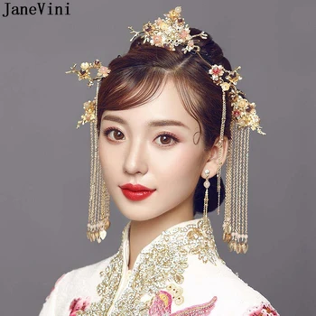 JaneVini Vintage Chinese Bridal Headdress Costume Gold Tassel Hairpin Elegant Headwear Earrings Ancient Brides Hair Accessories
JaneVini Vintage Chinese Bridal Headdress Costume Gold Tassel Hairpin Elegant Headwear Earrings Ancient Brides Hair Accessories