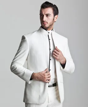 

2018 2018 New Style Ivory Groom Tuxedos Mandarin Lapel Groomsmen Men Wedding groom wear Suit ( jacket+Pants+tie)