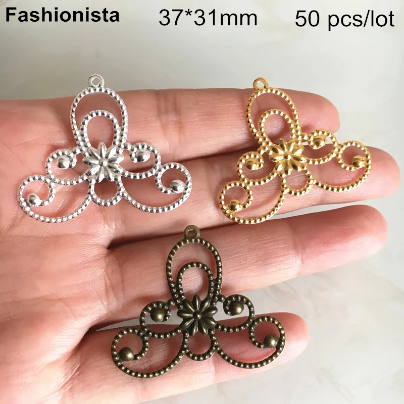 50 pcs -37*31mm Triangle Metal Filigree Charms Gold-color Silver-color Bronze Chandelier Jewelry For Earrings Flower Deco | Украшения и