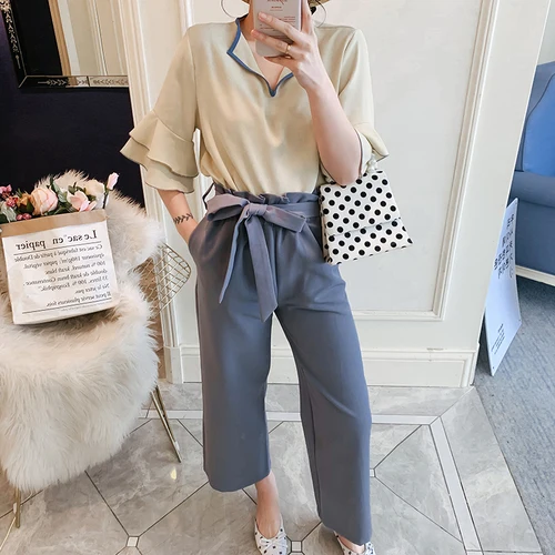 

New Woman 2019 Korean Plus Size 2 Pcs Set Casual Brief V Neck Palazzo Pants Twinset Bow Pocket Elegant Two Piece Set