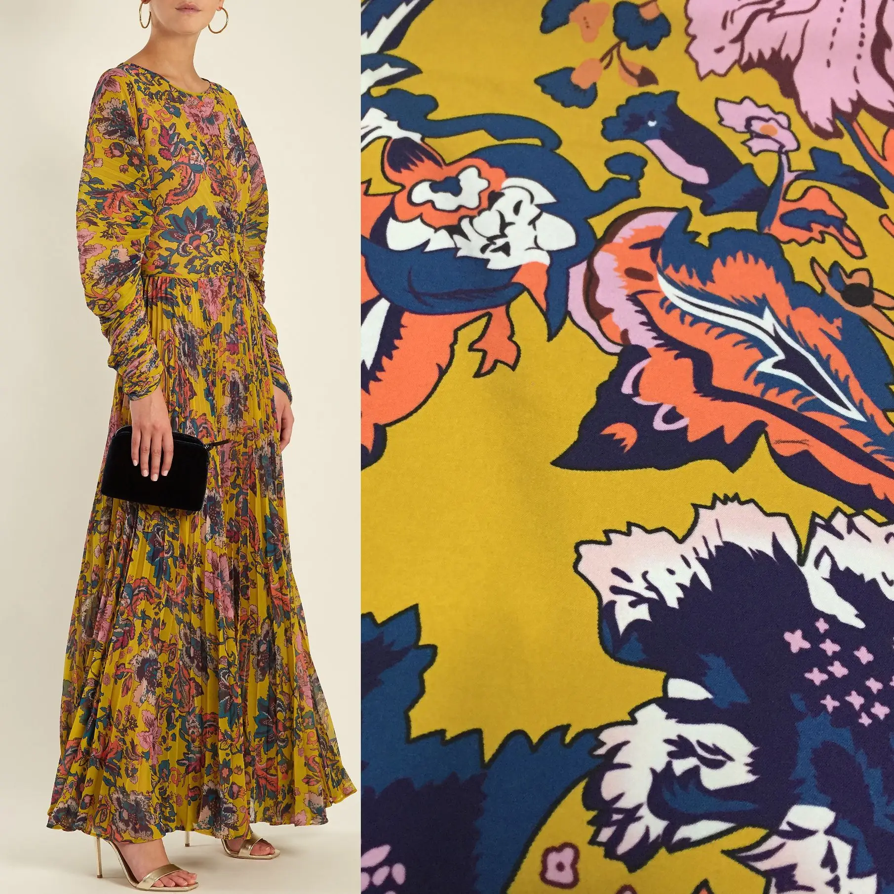 Preheating spring and summer retro style pleated dress hand-painted flower advanced digital printing processing printed fabric
Preheating spring and summer retro style pleated dress hand-painted flower advanced digital printing processing printed fabric