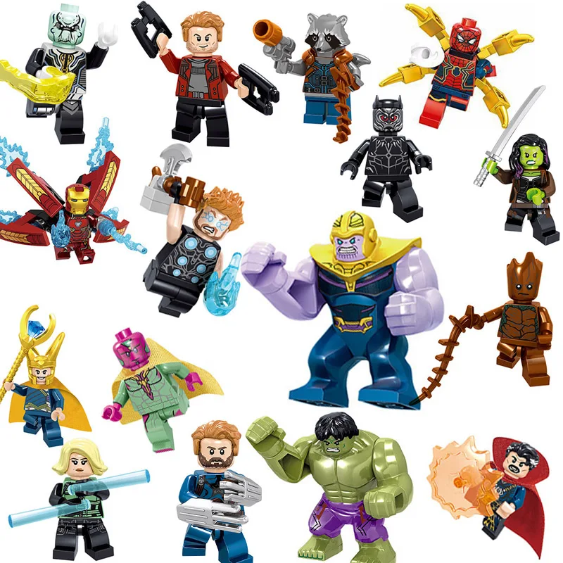 16pcs/lot Super Heroes Avengers Infinity War Iron Man Thanos Thor Black Panther Falcon Gamora Hulk Loki Building Blocks toys
16pcs/lot Super Heroes Avengers Infinity War Iron Man Thanos Thor Black Panther Falcon Gamora Hulk Loki Building Blocks toys