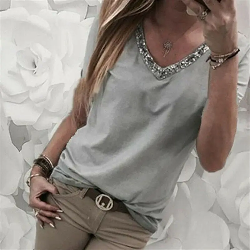 Sexy Women V Neck Sequin T-shirt Short Sleeve Loose Summer Casual Tee Top Shirt Clothes Plain Vintage Soft Solid Clothing
Sexy Women V Neck Sequin T-shirt Short Sleeve Loose Summer Casual Tee Top Shirt Clothes Plain Vintage Soft Solid Clothing