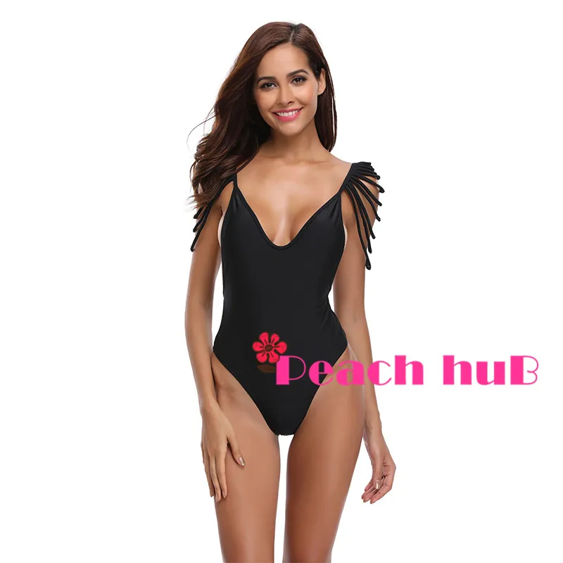 2019 Swimwear Whole Swimsuit Women One Piece Swimsuit Black Swimsuit Monokini Push Up Tassel Sleeve Swimwear Plus Size (4)