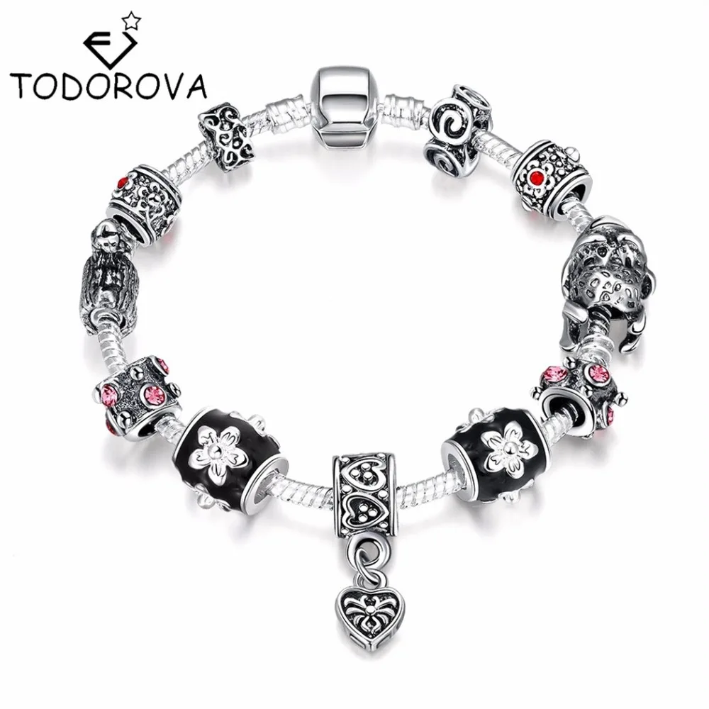 

Todorova Trendy Antique Silver Heart Pendant Charm Crystal Bead Bracelet for Women Handmade DIY Fashion Jewelry