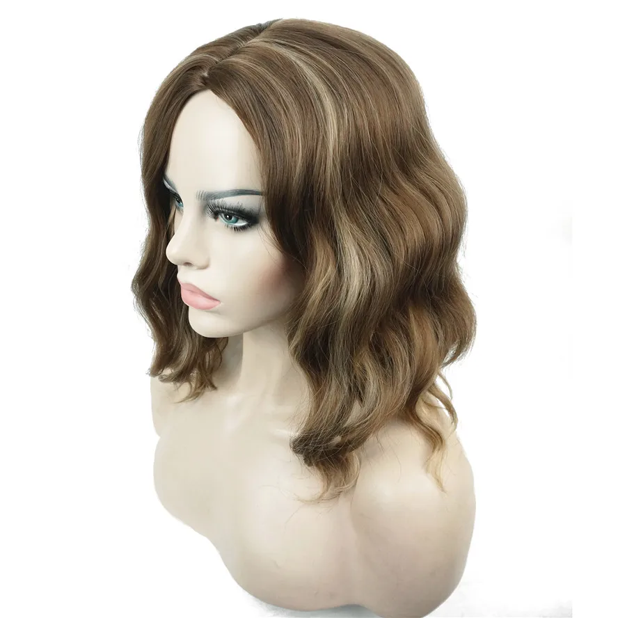 

StrongBeauty Medium Wavy Wig Brown And Blonde Mix Bob Cuts Hairstyle for Women Synthetic Full Wigs