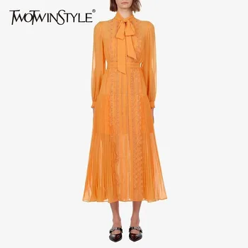 TWOTWINSTYLE Elegant Lace Patchwork Women Dress Bowknot Collar Long Sleeve High Waist Pleated Dresses Female Fashion 2020 New
TWOTWINSTYLE Elegant Lace Patchwork Women Dress Bowknot Collar Long Sleeve High Waist Pleated Dresses Female Fashion 2020 New