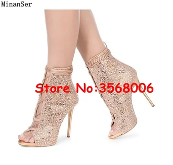 Peep toe crystal embellished short ankle booties lace up hollow out lady thin high heels boots top quality gladiator woman shoes
Peep toe crystal embellished short ankle booties lace up hollow out lady thin high heels boots top quality gladiator woman shoes