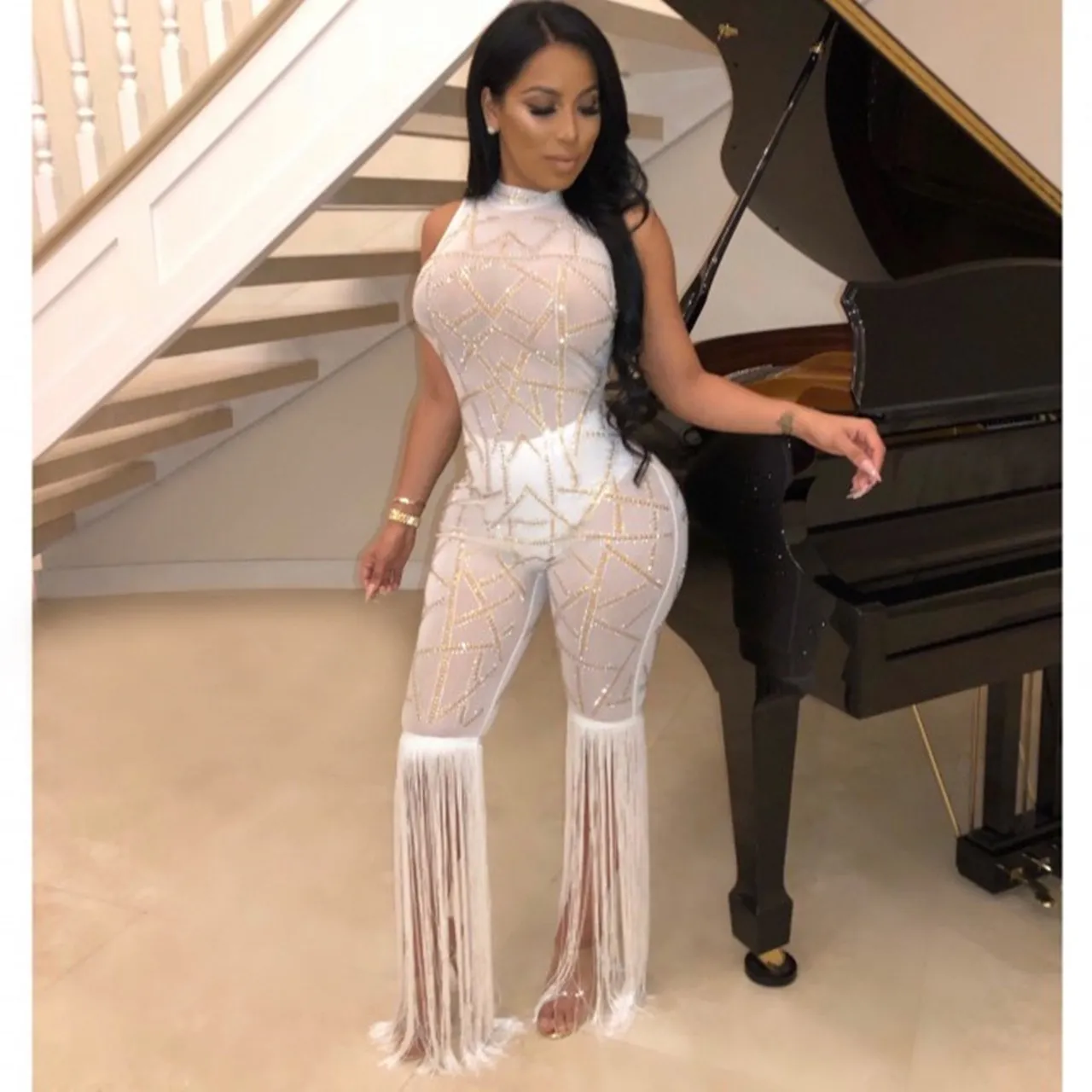 Tassel Patchwork Sheer Mesh Jumpsuit NEW Women Transparent Sexy Night Club Party Romper Overalls Costume Outfit | Женская одежда