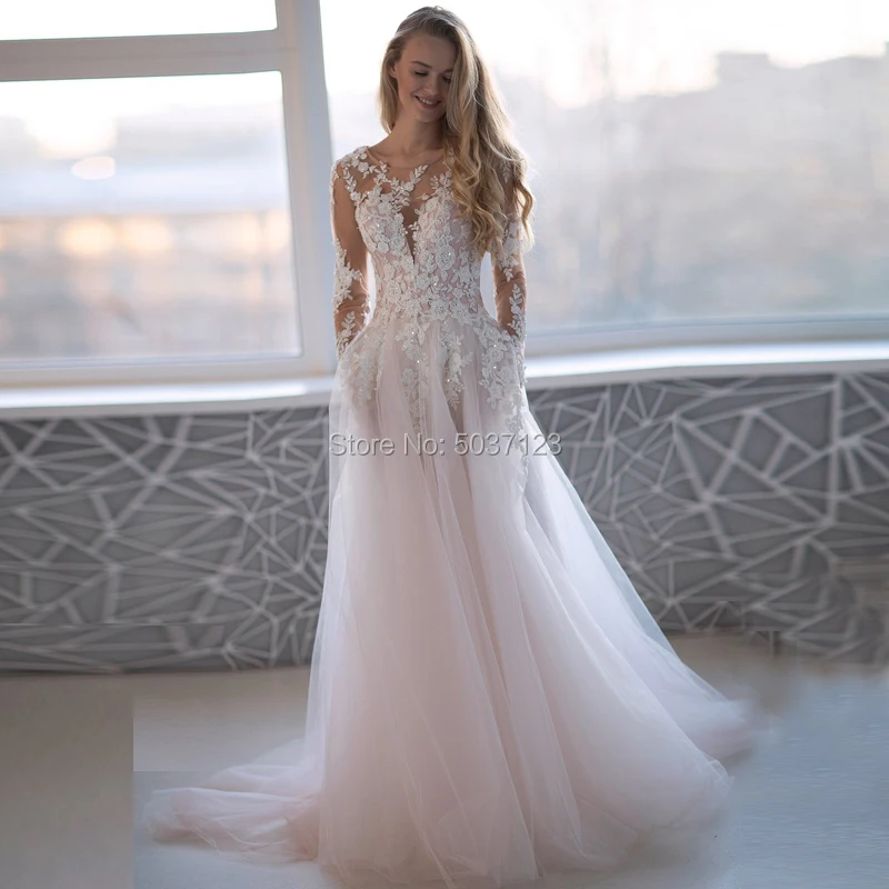 Pink Long Sleeves Wedding Dresses Lace Appliques Backless Illusion Scoop Bridal Wedding Gown Robe De Mariée Vestido De Noiva
Pink Long Sleeves Wedding Dresses Lace Appliques Backless Illusion Scoop Bridal Wedding Gown Robe De Mariée Vestido De Noiva
