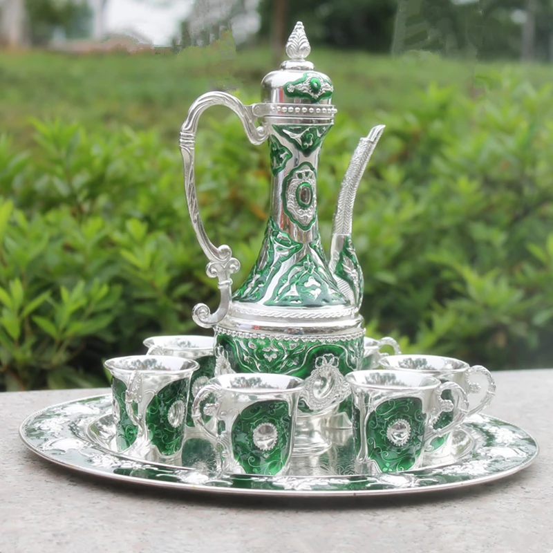 Handwork Chinese green color metal wine /tea zinc alloy wine 1 plate+ 1 pot +6 cups Decoration Tibetan Silver Brass
Handwork Chinese green color metal wine /tea zinc alloy wine 1 plate+ 1 pot +6 cups Decoration Tibetan Silver Brass