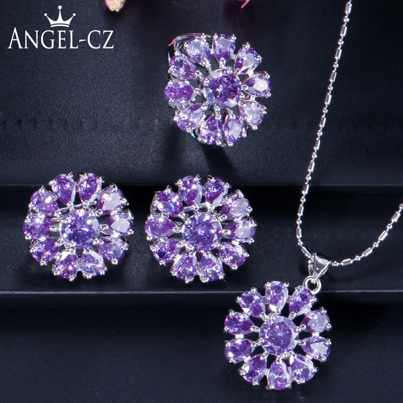 ANGELCZ Romantic Purple Zircon Stones Flower Drop Necklace Earrings Ring Set For Women Newest Sterling Silver 925 Jewelry AJ005
ANGELCZ Romantic Purple Zircon Stones Flower Drop Necklace Earrings Ring Set For Women Newest Sterling Silver 925 Jewelry AJ005