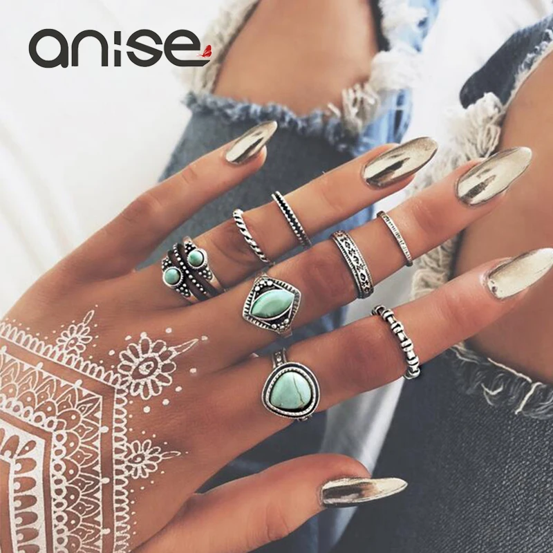 

Anise 8 pcs/lot Classic Blue Gems Ring Set For Women Vintage Punk Silver Color Bohemia Midi Finger Knuckle Rings Grils Jewelry