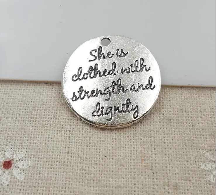 High Quality 10 Pieces/Lot Diameter 25mm Letter Printed She is clothed with strength and dignity Girl Charm Pendant For Jewelry | Украшения