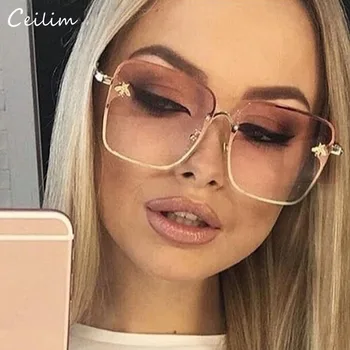 

2020 New Oversize Clear Pink Sunglasses for Women Gradient Square Bee Sun Glasses Superstar Luxury Brand Designer Shades UV400