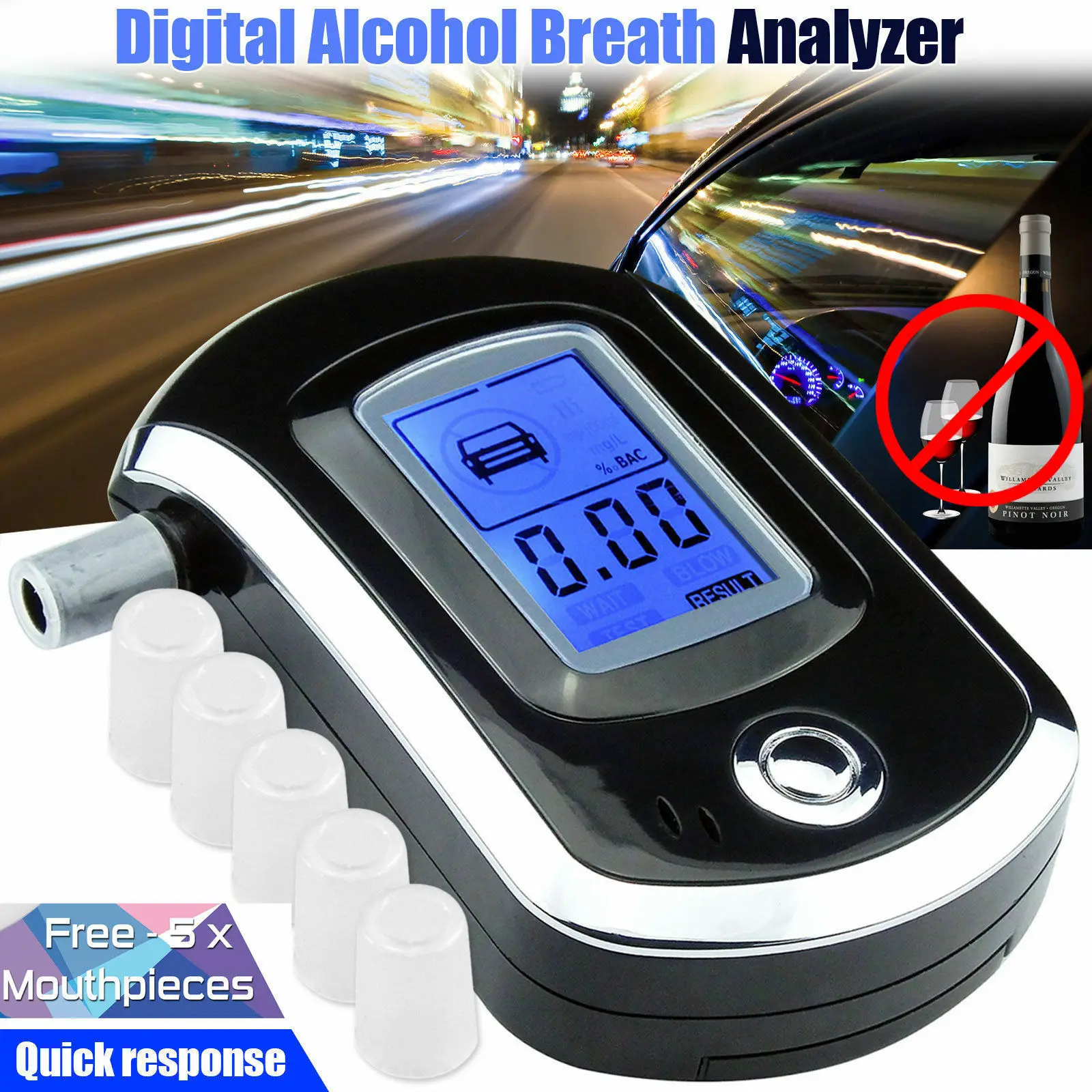 Professional Digital Breath Alcohol Tester Breathalyzer With LCD Dispaly With 5 Mouthpieces Police Alcohol Parking Breathalyser
Professional Digital Breath Alcohol Tester Breathalyzer With LCD Dispaly With 5 Mouthpieces Police Alcohol Parking Breathalyser