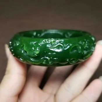 H36#Russian and Hetian jade spinach green jasper carved bracelet 
H36#Russian and Hetian jade spinach green jasper carved bracelet