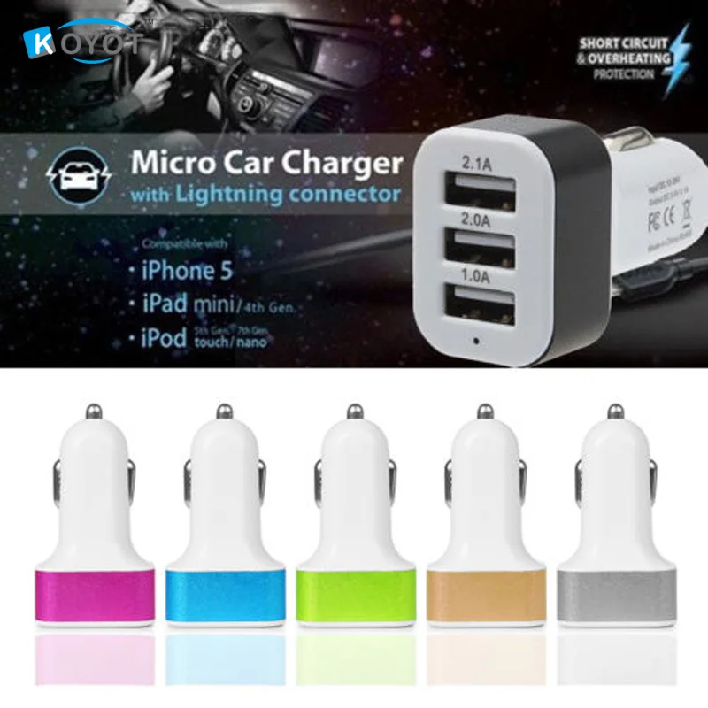 

Hot!! Triple Universal USB Car Charger Adapter 5V 3 Port 2.1A 2.0A 1.0A For iPhone ipad Samsung xiaomi huawei meizu Zte Oppo HTC