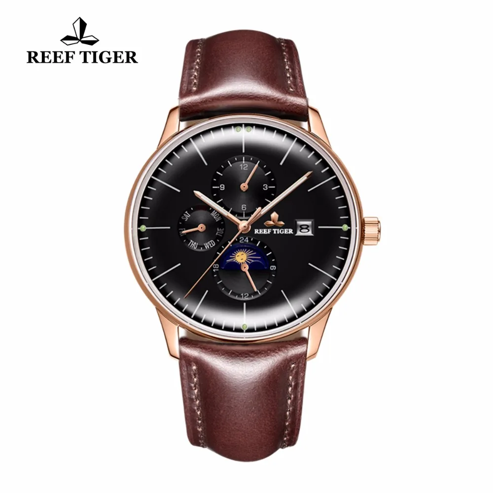Reef Tiger/RT Luxury Rose Gold Men Watches with Date Day Moon Phase Watches Luminous Automatic Watch Leather Band RGA1653
Reef Tiger/RT Luxury Rose Gold Men Watches with Date Day Moon Phase Watches Luminous Automatic Watch Leather Band RGA1653
