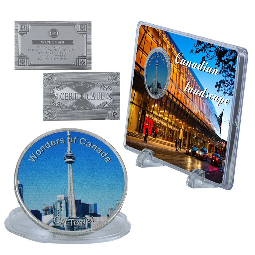 Image WR Home Decorative 999.9 Silver Plated Coin Canadian Landscape Challenge Famous Building Coins with Desk Stand for Home Decor