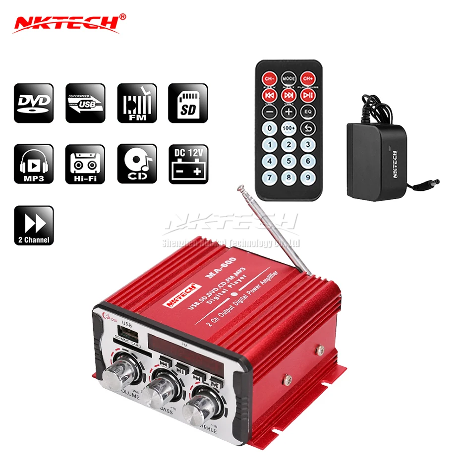 NKTECH MA-600 Car Power Amplifier MINI IR Digital Player HiFi Stereo 2x 25W AUX SD USB CD DVD MP3 FM Sound Home Audio Motorcycle
NKTECH MA-600 Car Power Amplifier MINI IR Digital Player HiFi Stereo 2x 25W AUX SD USB CD DVD MP3 FM Sound Home Audio Motorcycle
