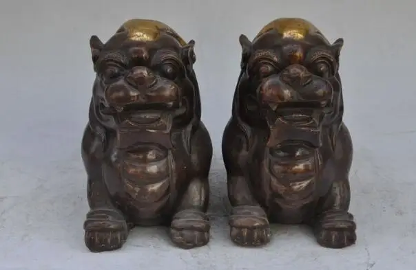 S03590 8"chinese bronze gilt fengshui Lucky pixiu Phylactery Guardian Beast Statue pair (B0413)