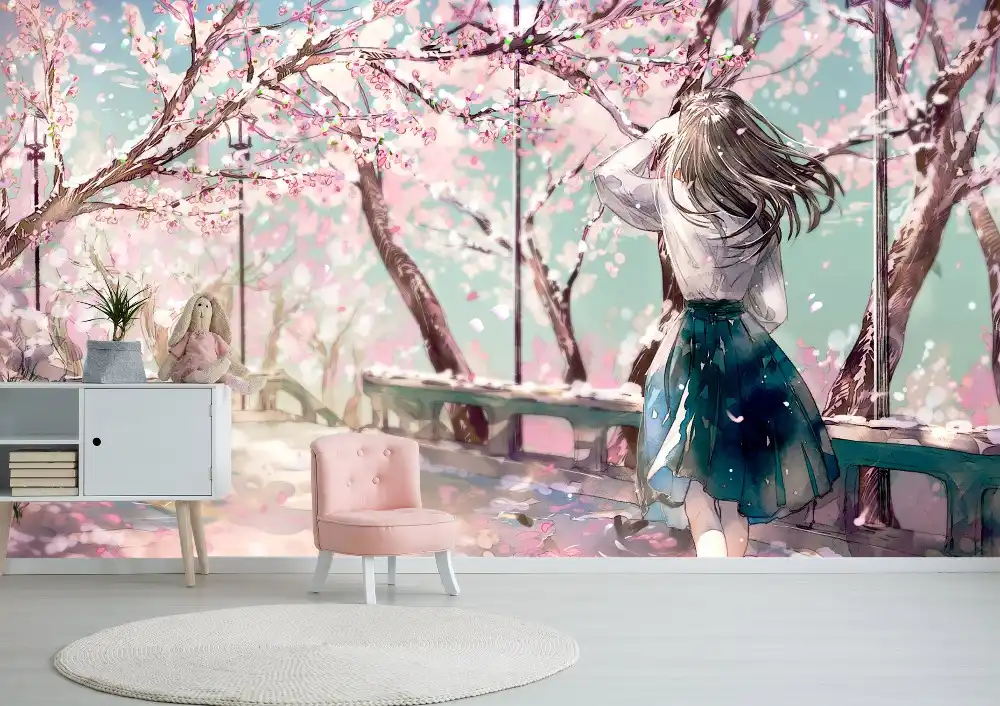 自己粘着 3d ピンク桜ガーデンの少女 44 日本アニメ壁紙壁画壁印刷デカール壁の壁画 Gooum