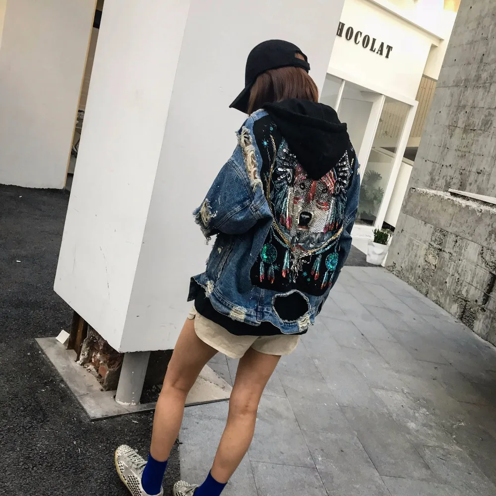 Sequined wolf pattern denim jacket coat women casual loose hooded denim jackets outwear oversize
Sequined wolf pattern denim jacket coat women casual loose hooded denim jackets outwear oversize