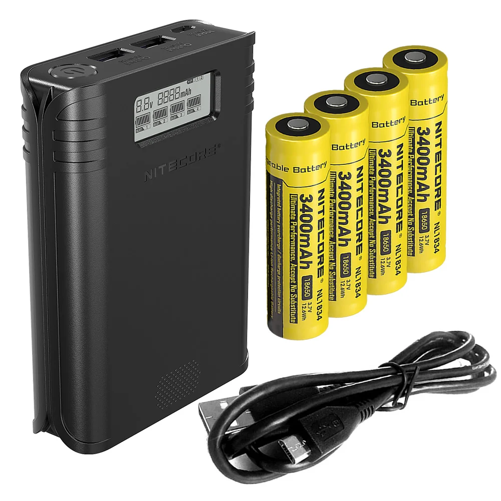 2019 NITECORE F4 Flex Bank 2 In 1 USB Charger Travel Power Bank + 4x NL1834 3400MAH 18650 Rechargeable Batteries + Charger Cable
2019 NITECORE F4 Flex Bank 2 In 1 USB Charger Travel Power Bank + 4x NL1834 3400MAH 18650 Rechargeable Batteries + Charger Cable