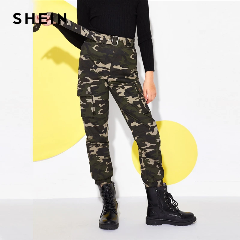 

SHEIN Kiddie Flap Pocket Belted Button Camo Print Casual Girls Pants 2019 Spring Streetwear Trousers Girl Kids Clothes