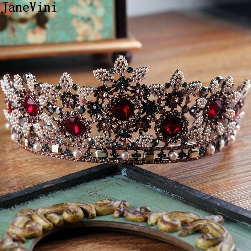 

JaneVini Vintage Baroque Gold Rhinestones Pearls Wedding Crown Luxury Queen Tiaras Headband for Bridal Hair Jewelry Accessories