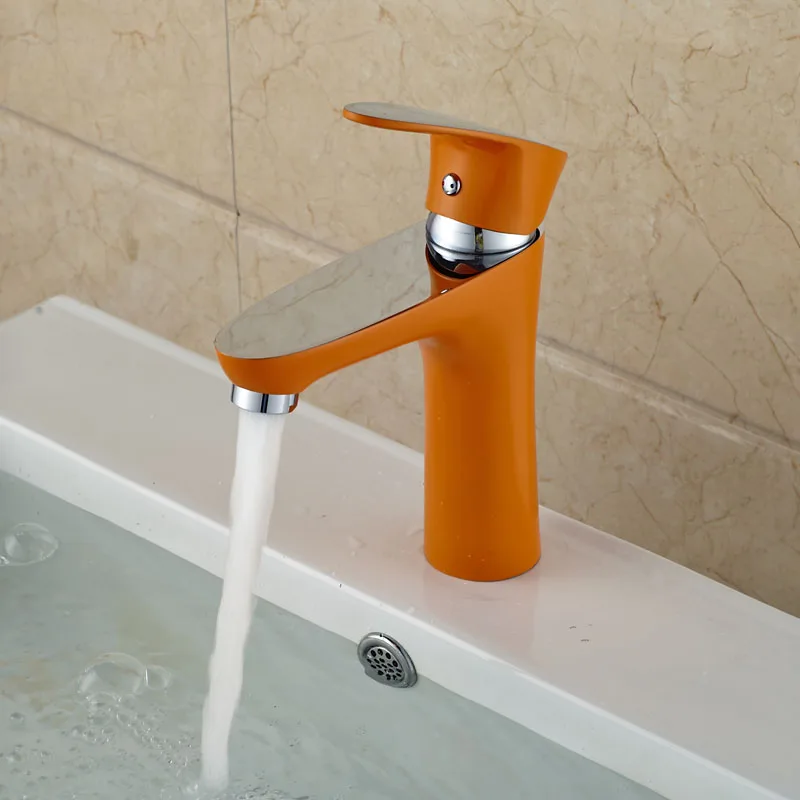 Deck Mounted Orange Color Basin Faucet Pull Down Spout One Hole Hot&Cold Faucet
