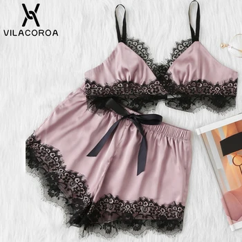 Sexy Lace Silk Pajamas For Women V-Neck Camis Halter Top + High Waist Bow Shorts Pajama Sets Sleepwear Family Pajamas Plus Size
Sexy Lace Silk Pajamas For Women V-Neck Camis Halter Top + High Waist Bow Shorts Pajama Sets Sleepwear Family Pajamas Plus Size