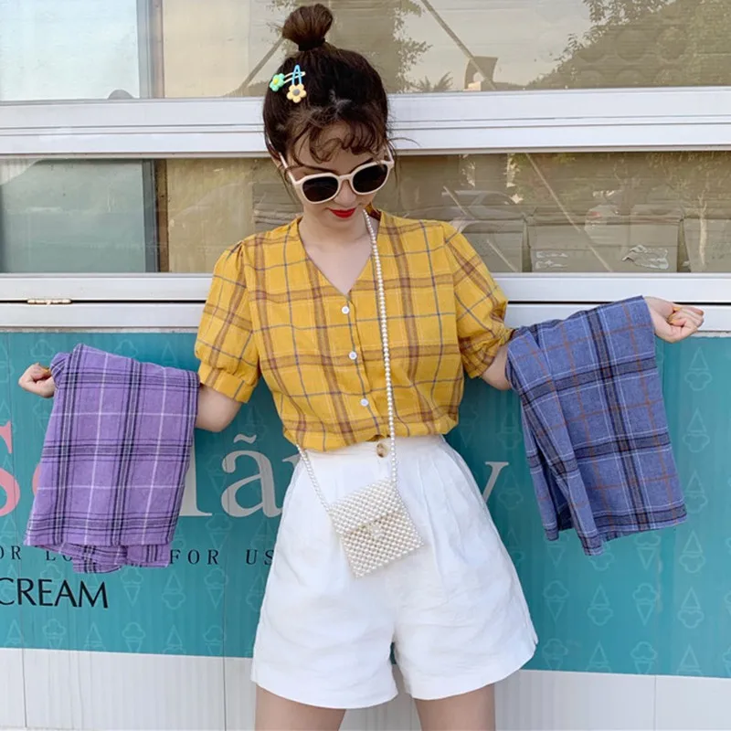 Women Blouse Tops V-Neck Button Up Plaid Print Blouse Tops Short Sleeve Shirt preppy style Summer Women's Fashion Fresh Style
Women Blouse Tops V-Neck Button Up Plaid Print Blouse Tops Short Sleeve Shirt preppy style Summer Women's Fashion Fresh Style